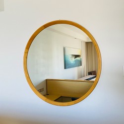 Round Mirror With Wooden Frame In Good Condition 